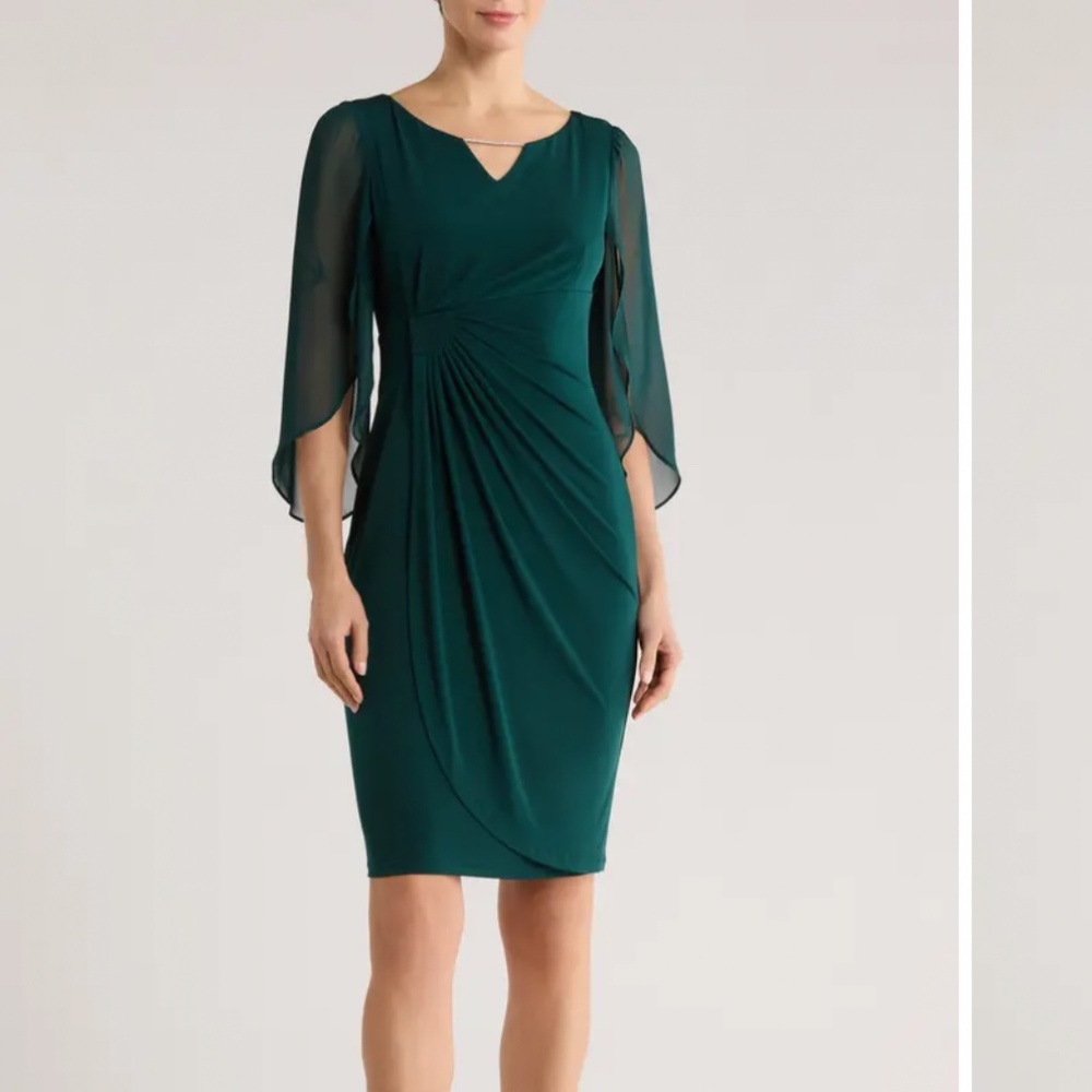 NWT! Cocktail Dress, emerald/hunter green,  flowing cap sleeves, size 4